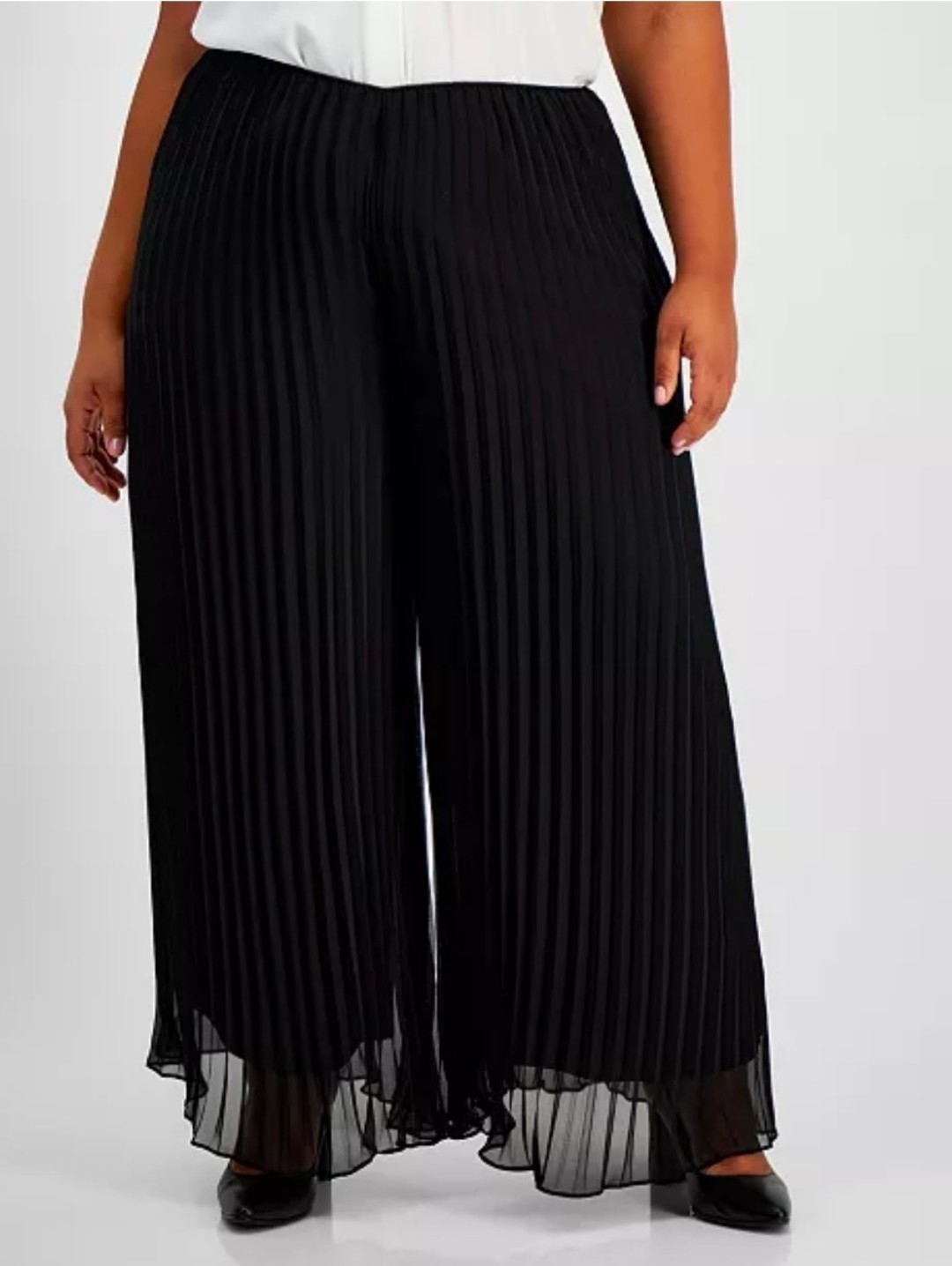 Alex Evenings Woman Black Minimalist Micro Pleated Wide Leg Chiffon Pants Sz 1x